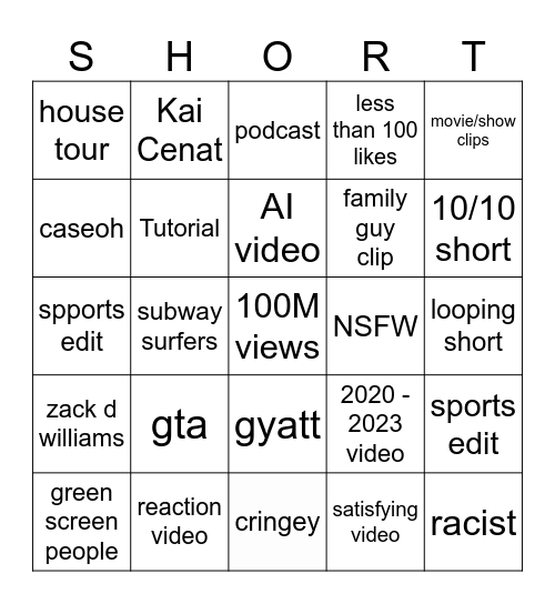 Spectrum Bingo Card