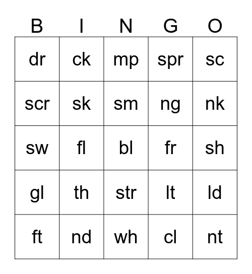 Consonant Blends Bingo Card