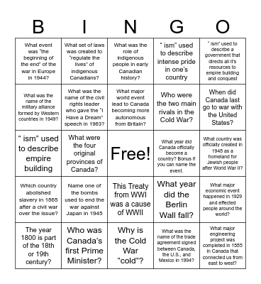 History Bingo Card