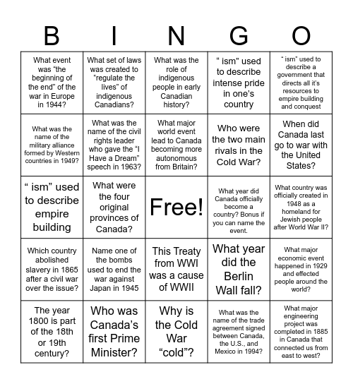 History Bingo Card