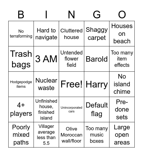 Sh*t Tier Island ACNH Bingo Card