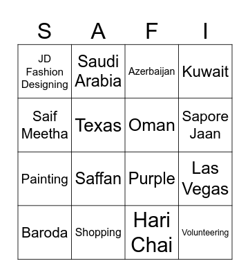 All Things Safia Bingo Card