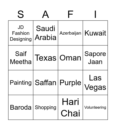 All Things Safia Bingo Card