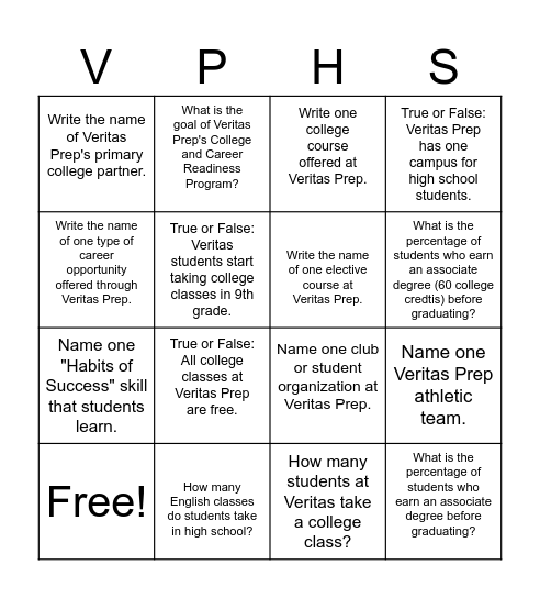 Veritas High School: Fact Game Bingo Card