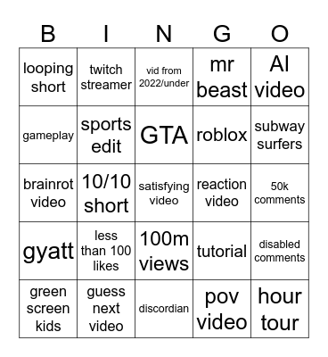 youtube shorts bingo Card