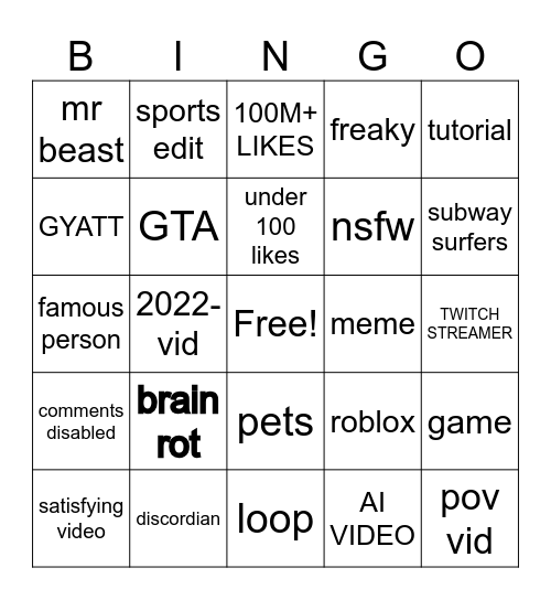 youtube shorts bingo Card