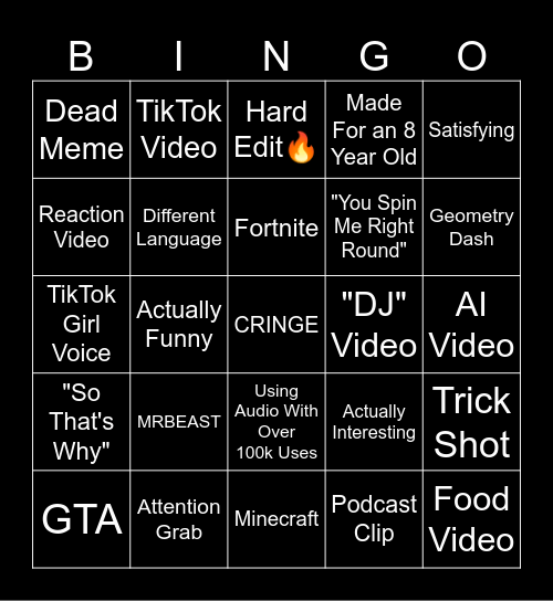 YouTube Shorts Bingo Card