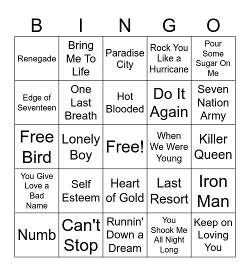 Rock n Roll Bingo #4 Bingo Card