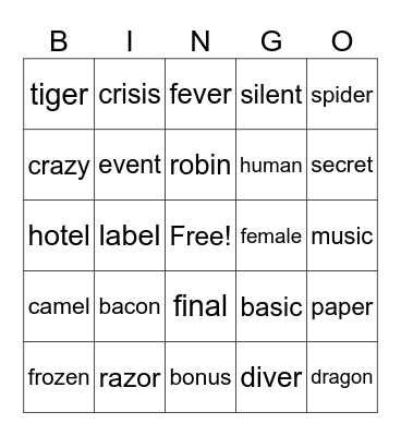 Open Syllables Bingo Card