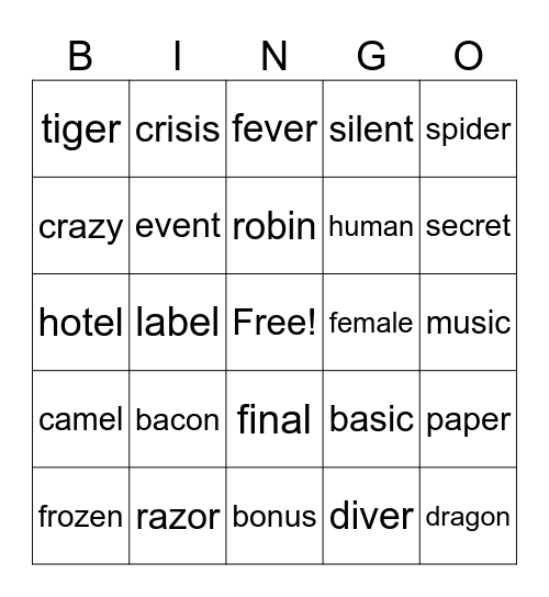 Open Syllables Bingo Card