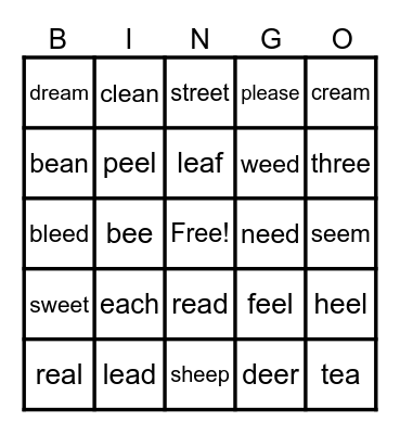 ee ea Vowel Team Bingo Card