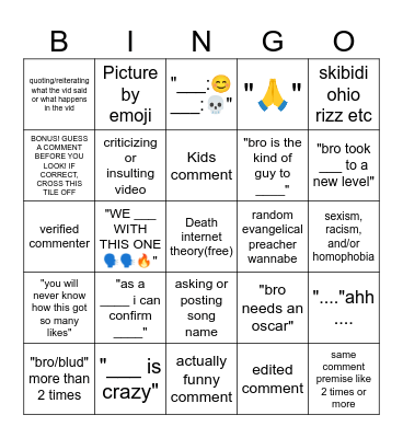 youtube shorts comments Bingo Card