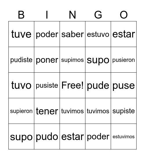 Past Tense "u" Verbs Bingo Card