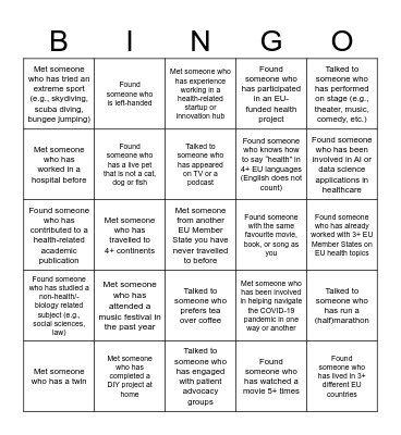 HUF Workshop 1 Bingo Card