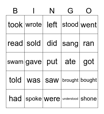 Irregular Past Tense Verbs Bingo Card
