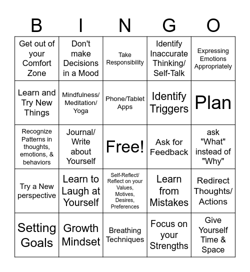 Self-Awareness Bingo Card