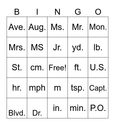 Abbreviation Bingo Card