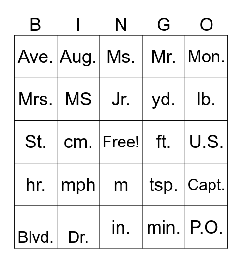 Abbreviation Bingo Card