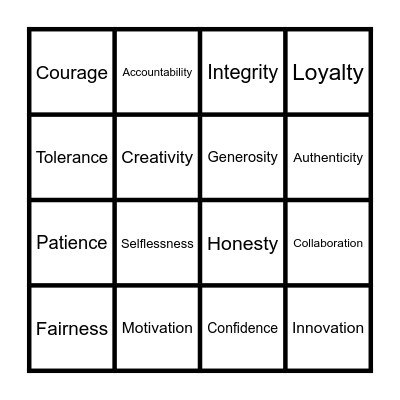 BINGO Strengths & Values Bingo Card