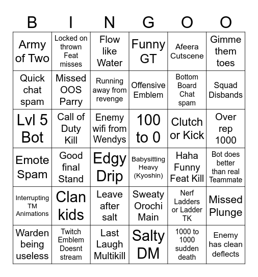 For Honor Bingo Card