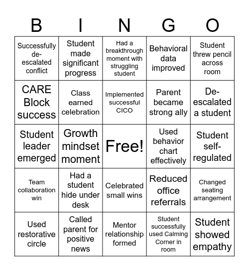 Behavior Bingo Card