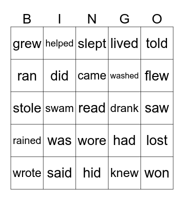 Verbs in past tense Bingo Card