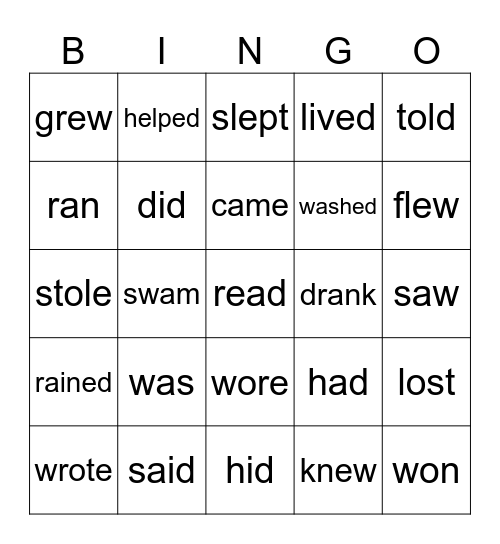 Verbs in past tense Bingo Card
