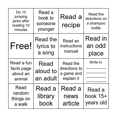 Reading Bingo Card