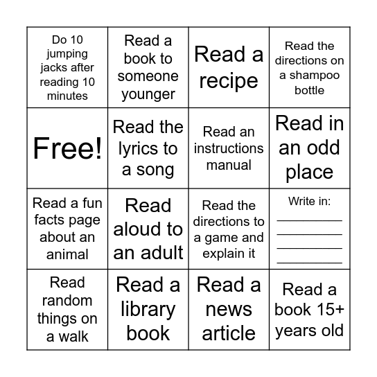 Reading Bingo Card