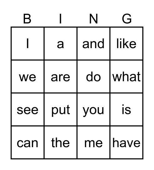 Sight word A Bingo Card