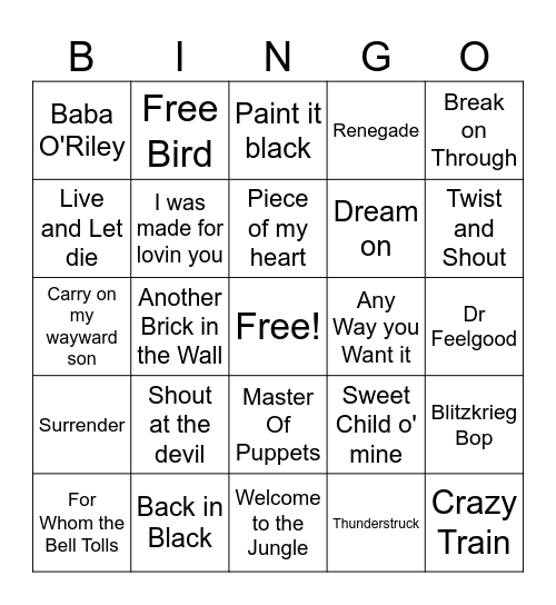 Rock Bingo Card