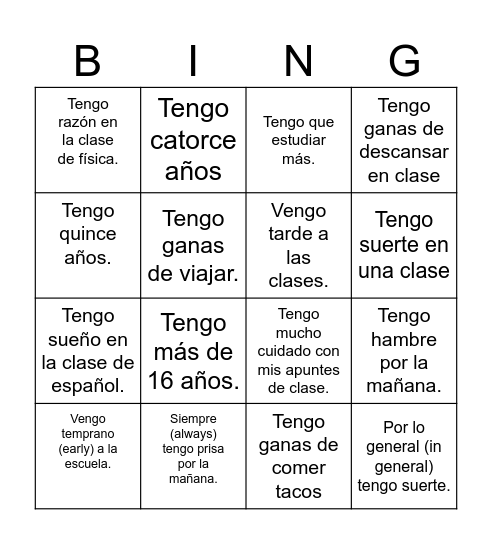 Expresiones con tener Bingo Card