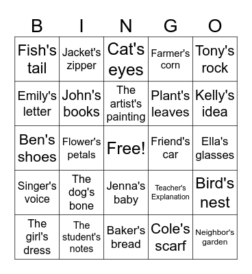 Singular Possessive Nouns Bingo Card