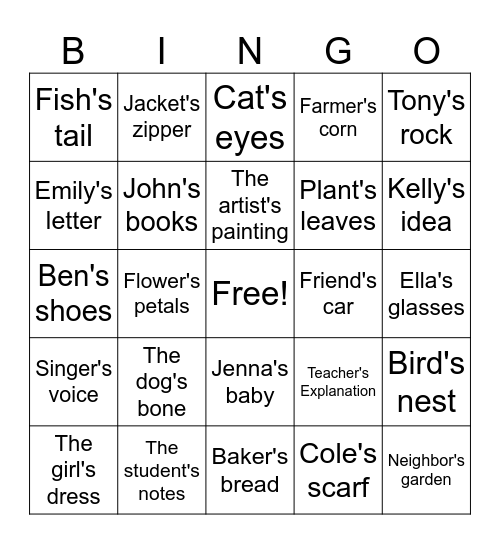 Singular Possessive Nouns Bingo Card