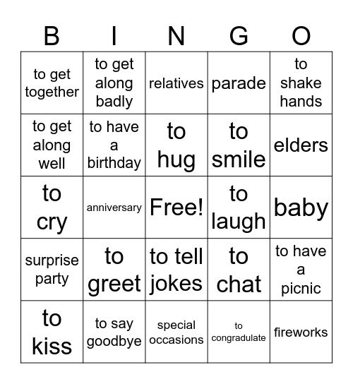 Special Occasions Bingo Card