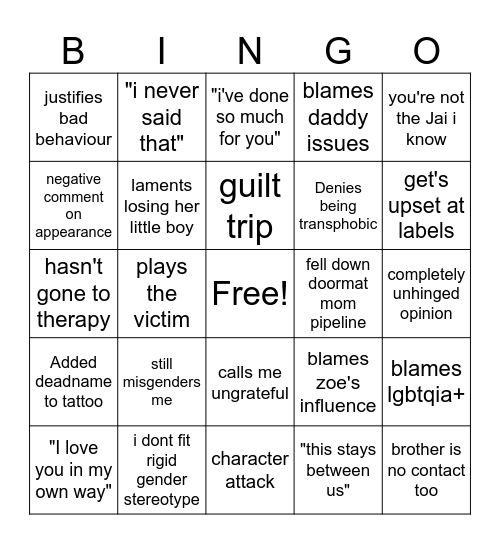 Transphobic estranged parent bingo! Bingo Card