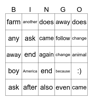 Fry's 100 Sight Words (A to F) Bingo Card