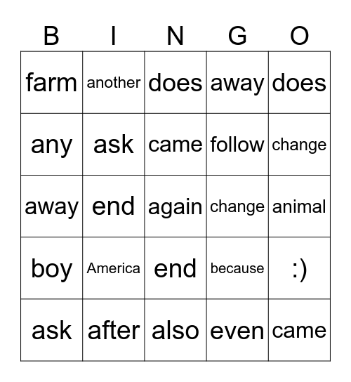 Fry's 100 Sight Words (A to F) Bingo Card