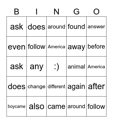 Fry's 100 Sight Words (A to F) Bingo Card
