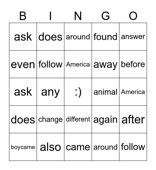 Fry's 100 Sight Words (A to F) Bingo Card