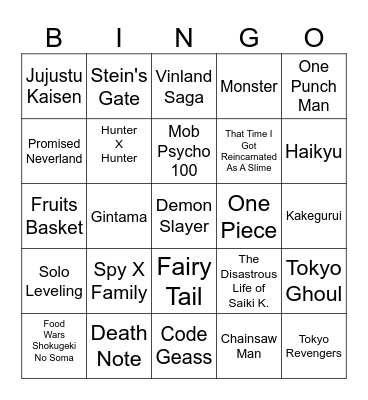 What Anime Have You Watched? Bingo Card