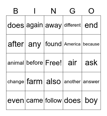 Fry's 100 Sight Words (A to F) Bingo Card