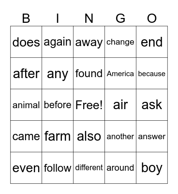 Fry's 100 Sight Words (A to F) Bingo Card
