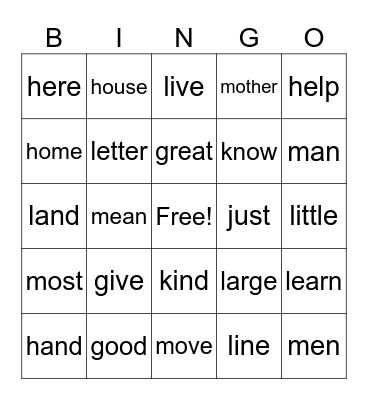 Fry's 100 Sight Words (G to M) Bingo Card