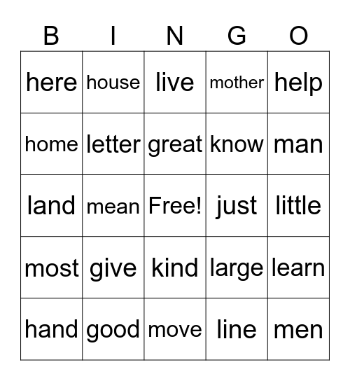 Fry's 100 Sight Words (G to M) Bingo Card