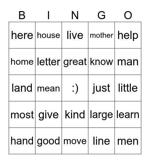 Fry's 100 Sight Words (G to M) Bingo Card