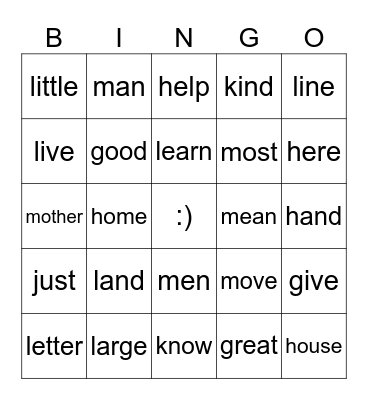 Fry's 100 Sight Words (G to M) Bingo Card