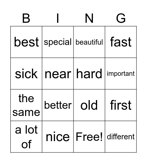Adjectives Bingo Card