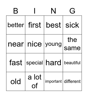 Adjectives Bingo Card