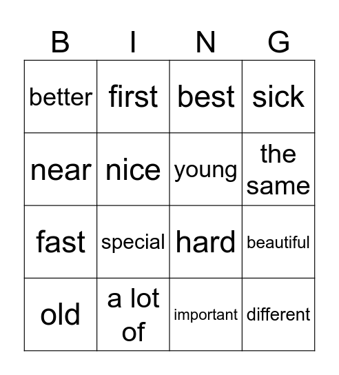 Adjectives Bingo Card
